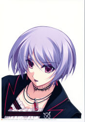 1girl 2000s_(style) 2009 absurdres black_jacket black_lips blue_hair chaos;head collarbone cross crown_of_thorns dated frilled_shirt frilled_shirt_collar frills from_above goth_fashion highres jacket jewelry kishimoto_ayase lapels looking_at_viewer makeup matsuo_yukihiro non-web_source official_art open_mouth peaked_lapels punk red_eyes shirt short_hair simple_background solo thorns tongue white_background white_shirt
