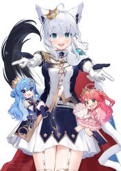 14_(vision5032) 3girls ahoge aiguillette animal_ear_fluff animal_ears aqua_eyes blue_dress blue_eyes blue_hair blush bouquet breasts chibi commentary_request cowboy_shot crossed_bangs crown double-parted_bangs dress elbow_gloves epaulettes flower fox_ears fox_girl fox_tail garter_straps gloves gold_crown gold_trim green_eyes hair_bun highres holding holding_bouquet hololive hoshimachi_suisei hoshimachi_suisei_(stellar_into_the_galaxy) jacket long_sleeves looking_at_viewer medium_breasts mini_crown mini_person minigirl multiple_girls necktie official_alternate_costume official_alternate_hairstyle one_side_up outstretched_arms pentagram pink_dress pink_hair pleated_skirt reaching reaching_towards_viewer sakura_miko sakura_miko_(flower_fantasista!) shirakami_fubuki shirakami_fubuki_(fbkingdom) short_dress side_cape sidelocks simple_background single_side_bun skirt smile straight-on suit_jacket swept_bangs tail tiara tilted_headwear two-tone_dress virtual_youtuber watermark white_background white_hair