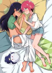2girls absurdres amate_yuzuriha ankle_strap barefoot beanie bed black_hair blue_eyes blue_hat blush commentary_request feet gundam gundam_gquuuuuux haro hat highres holding_hands implied_fingering interlocked_fingers long_hair looking_at_another multiple_girls na_bia nyaan_(gundam_gquuuuuux) on_bed panties pillow red_hair shirt short_hair short_shorts shorts sweat t-shirt toes underwear yellow_eyes yuri
