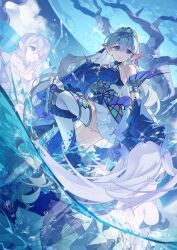 3girls arm_fins blue_eyes breasts bubble closed_mouth detached_sleeves duel_monster fins fish_girl grey_hair hair_between_eyes hair_over_one_eye hand_on_own_chest head_fins highres kitkallos_(yu-gi-oh!) large_breasts long_hair long_sleeves multiple_girls open_mouth panties primeval_planet_perlereino reaching reaching_towards_another red_cucumber skirt sleeves_past_wrists tearlaments_havnis tearlaments_kitkallos tearlaments_scheiren thighhighs tiara twintails underwear water white_panties white_skirt white_thighhighs yu-gi-oh!