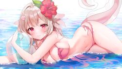 axolotl_ears axolotl_girl axolotl_tail ball beachball bikini breasts cleavage flower hair_flower hair_ornament highres in_water large_breasts light_smile lottie_shinju lying navel nikuya_(nikuniku_nikuya) non-web_source on_side pink_eyes pixellink swimsuit virtual_youtuber