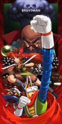 1girl 3boys 3others ahoge alpha_yuuseijin arm_up armor artist_name balding ball_and_chain_(weapon) beard black_eyes black_leg_warmers black_leotard black_socks blue_eyes boots bravoman bravoman_(series) cape closed_mouth commentary copyright_name dr._bakuda dual_wielding facial_hair fishnets glasses gloves glowing glowing_eyes goggles helmet highres hikimayu holding holding_sword holding_weapon japanese_clothes kainan katana leg_warmers leotard long_hair looking_at_viewer motion_lines multiple_boys multiple_others ninja ninjatou old old_man open_mouth purple_hair raised_fist red-framed_eyewear red_cape red_eyes red_hair short_eyebrows short_sword shoulder_armor socks spiked_ball_and_chain spikes stretched_limb sword tabi tall_hair thighs two_side_up waya-hime weapon white_boots white_cape white_gloves wristband yellow_eyes