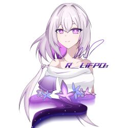 1girl alternate_costume bare_shoulders bright_pupils castorice_(honkai:_star_rail) chaodaotidianzu collarbone grey_hair hair_intakes honkai:_star_rail honkai_(series) long_hair looking_at_viewer off-shoulder_shirt off_shoulder purple_eyes shirt short_sleeves simple_background smile solo upper_body very_long_hair white_background white_pupils white_shirt