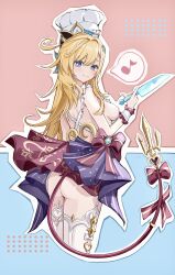 1girl absurdres ahoge apron ass bare_back blonde_hair blue_background blue_eyes bow breasts chef_hat closed_mouth commentary_request escoffier_(genshin_impact) frilled_wrist_cuffs frills from_behind garter_straps genshin_impact hair_between_eyes hand_up hat heart heart_in_eye highres holding holding_knife knife long_hair looking_at_viewer looking_back medium_breasts naked_apron no_panties outline pinjirooo pink_background red_bow sideboob smile solo symbol_in_eye tail thighhighs two-tone_background very_long_hair white_apron white_garter_straps white_hat white_outline white_thighhighs white_wrist_cuffs wrist_cuffs