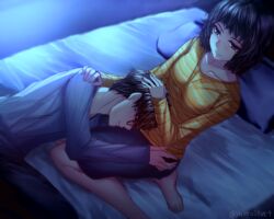 1boy 1girl amamiya_ren artist_name barefoot bed black_hair blush collarbone commentary_request couple feet from_above glasses hand_on_another&#039;s_head hetero kawakami_sadayo lap_pillow night persona persona_5 pillow shirt skirt sleeping smile striped_clothes striped_shirt toes yaoto