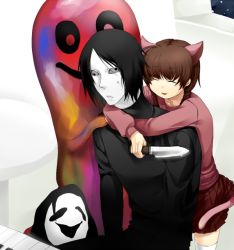 1girl animal_ears black_hair braid cat_ears commentary_request knife long_hair madotsuki pink_shirt sekomumasada_sensei shirt skirt smile twin_braids twintails uboa yume_nikki zyunya