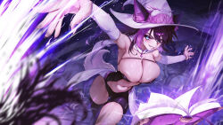 Rule 34 | 1girl, absurdres, animal ear fluff, animal ears, armpits, black hair, black leotard, black thighhighs, blue eyes, book, breasts, cape, chest strap, cleavage, clothing cutout, detached sleeves, ears through headwear, facial mark, fox ears, fox girl, fox tail, hat, heart, heart facial mark, highres, large breasts, leotard, long hair, long sleeves, looking at viewer, magic, mark under eye, mizugaiya, multicolored hair, navel, nomalman, open book, original, outstretched arms, purple hair, revealing clothes, single thighhigh, skindentation, smile, solo, spread arms, stomach, stomach cutout, strapless, strapless leotard, tail, thighhighs, two-tone hair, white cape, white hat, white sleeves, white tail, witch hat
