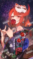 1girl alternate_costume asymmetrical_bangs blush bob_cut candy candy_apple commentary_request earrings floral_print floral_print_kimono food fox_mask highres holding holding_candy holding_food japanese_clothes jewelry kimono licking looking_at_viewer mask medium_hair northertrain parted_bangs print_kimono pyra_(xenoblade) red_eyes red_hair sample_watermark solo standing swept_bangs teeth unworn_mask upper_body upper_teeth_only watermark xenoblade_chronicles_(series) xenoblade_chronicles_2