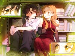 2girls black_eyes black_gloves black_pants black_shoes book bookshelf collared_shirt commentary dress elbow_gloves english_commentary eniahlikescats gloves highres kininatteru_hito_ga_otoko_ja_nakatta koga_mitsuki long_hair mole mole_under_eye multiple_girls oosawa_aya open_mouth pants pink_eyes pink_hair red_dress shirt shoes short_hair sitting white_shirt