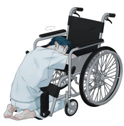 ... 1boy absurdres barefoot blue_hair closed_mouth from_side full_body hair_between_eyes highres kneeling looking_at_viewer maelo male_focus meguriya_ayumu pants shirt short_hair short_sleeves simple_background solo spoken_ellipsis toshi_densetsu_kaitai_center wheelchair white_background white_pants white_shirt