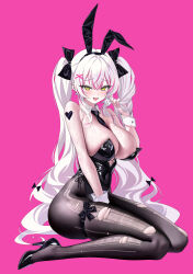 1girl absurdres animal_ears archer_(dungeon_and_fighter) bare_shoulders between_breasts black_bow black_leotard black_necktie black_pantyhose black_shoes blush bow breasts chimera_(dungeon_and_fighter) collar condom condom_wrapper detached_collar dungeon_and_fighter green_eyes hair_bow heart high_heels highres holding holding_condom huge_breasts iamahri1994 korean_commentary leotard long_hair looking_at_viewer mole mole_on_breast multicolored_hair necktie necktie_between_breasts open_mouth pantyhose pink_background pink_hair rabbit_ears revision sharp_teeth shoes simple_background sitting smile solo strapless strapless_leotard streaked_hair teeth thigh_bow thigh_strap thighs torn_clothes torn_pantyhose twintails two-tone_hair upper_teeth_only white_collar white_hair white_wrist_cuffs wrist_cuffs