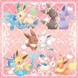 Rule 34 | alternate color, artist name, blue eyes, blush, brown eyes, closed eyes, commentary request, eevee, espeon, flareon, gen 1 pokemon, gen 2 pokemon, gen 4 pokemon, gen 6 pokemon, glaceon, green eyes, heart, highres, kiss, kiss day, leafeon, mugita konomi, nintendo, no humans, outline, pokemon, pokemon (creature), red eyes, shiny pokemon, sylveon, umbreon, vaporeon, white outline