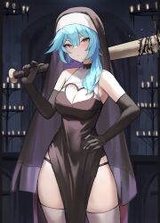 1girl absurdres baseball_bat blue_hair blush breasts dolri eula_(genshin_impact) genshin_impact highres large_breasts looking_at_viewer medium_hair nail nail_(hardware) nail_bat nun purple_eyes sidelocks solo thighs