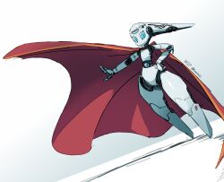1girl blue_eyes cape colored_skin disney drossel_von_flugel fireball_(series) hand_on_own_hip humanoid_robot joints krabbell no_mouth red_cape robot robot_girl robot_joints solo thighs white_skin