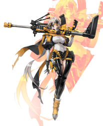 1girl absurdres ammunition_belt ankle_boots artist_request between_fingers bipod black_cape black_gloves black_hair black_pants black_shirt boots breastless_clothes breasts camouflage cape closed_mouth clothing_cutout covered_navel cross-laced_pants cross-shaped_pupils explosive eyelashes eyes_visible_through_hair fingernails fishnets framed_breasts full_body gloves goggles grenade grey_eyes grey_hair gun hair_between_eyes harness headphones headset heterochromia highres holding holding_gun holding_weapon leg_cutout leotard long_bangs long_hair long_sleeves looking_at_viewer looking_down medium_breasts microphone mismatched_pupils mole mole_under_mouth multicolored_hair original over_shoulder pants partially_fingerless_gloves partially_unzipped puffy_short_sleeves puffy_sleeves rifle rifle_cartridge shirt short_sleeves sideways_glance skin_tight sniper_rifle solo standing swept_bangs symbol-shaped_pupils thigh_cutout thigh_strap thighs thighs_together torn_cape torn_clothes two-sided_cape two-sided_fabric two-tone_gloves two-tone_hair weapon weapon_over_shoulder white_background white_leotard yellow_boots yellow_eyes yellow_gloves zipper zipper_pull_tab zoom_layer