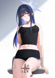 1girl bandaid bandaid_on_face bechu black_camisole black_shorts blue_archive blue_halo camisole colored_inner_hair dolphin_shorts gauze gauze_on_cheek gauze_on_knee halo highres multicolored_hair navel saori_(blue_archive) shorts solo