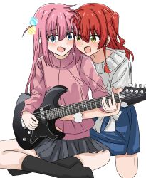 2girls absurdres black_skirt black_socks blue_eyes blue_skirt blush bocchi_the_rock! commentary cube_hair_ornament electric_guitar gotoh_hitori green_eyes guitar hair_ornament highres hug hug_from_behind instrument jacket kita_ikuyo long_hair long_sleeves multiple_girls one_side_up open_mouth pink_hair pink_jacket playing_guitar pleated_skirt red_hair ryoo_0526 scrunchie shirt short_sleeves simple_background skirt socks sweat white_background white_shirt wrist_scrunchie yamaha_pacifica yuri