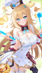 1girl :q ahoge apple apple_slice apron arched_back armpit_crease artist_name backless_dress backless_outfit blonde_hair blue_eyes blush bow breasts buttons cake cake_slice chef_hat cleavage cleavage_cutout clothing_cutout cowboy_shot cream_puff cup desert detached_collar double-breasted dress escoffier_(genshin_impact) fingernails food food-themed_background frilled_apron frilled_wrist_cuffs frills fruit fukuro_daizi garnish garter_straps genshin_impact green_liquid hair_ornament hands_up hat heart_cutout highres holding holding_knife holding_ladle kitchen_knife knife ladle large_breasts licking_lips long_hair looking_at_viewer macaron meat no_bra paid_reward_available plate pudding red_bow sauce short_dress sideboob single_bare_shoulder single_off_shoulder sleeveless sleeveless_dress solo split_mouth standing straight_hair teacup thighhighs tongue tongue_out twitter_username variant_set w_arms waist_bow white_apron white_hat white_thighhighs white_wrist_cuffs wrist_cuffs zettai_ryouiki