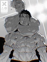 Rule 34 | 2boys, abs, ao isami, bara, commentary, facial hair, greyscale, headlock, highres, lewis smith, mabataki, male focus, monochrome, multiple boys, muscular, muscular male, nipples, one eye closed, pectorals, saliva, short hair, sideburns stubble, strangling, stubble, sweat, symbol-only commentary, topless male, twitter username, veins, veiny arms, wrestling, yuuki bakuhatsu bang bravern