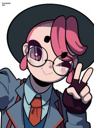 Rule 34 | 1girl, 2025, absurdres, asymmetrical hair, black gloves, black hat, commentary, fingerless gloves, glasses, gloves, grey jacket, hat, highres, jacket, necktie, one eye closed, orange necktie, original, pink hair, portrait, raised eyebrow, red eyes, round eyewear, ryu (ryuwanshoy), selfie, signature, solo, thick eyebrows, v