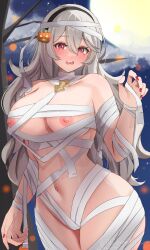 1girl absurdres bandage_on_hair bandage_over_one_eye bandaged_arm bandaged_chest bandaged_head bandaged_leg bandages black_hairband breasts commentary_request corrin_(female)_(fire_emblem) corrin_(fire_emblem) fire_emblem fire_emblem_fates food-themed_hair_ornament full_moon hair_ornament hairband halloween halloween_costume hand_up highres large_breasts long_hair looking_at_viewer moon mummy mummy_costume naked_bandage navel night night_sky nintendo nipples peli_cantaro pointy_ears pumpkin_hair_ornament red_eyes sky smile solo stomach thighs white_hair