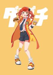 back_bow bandaid bandaid_on_knee bandaid_on_leg black_shorts blush bow burger commentary_request cosplay cup employee_uniform fast_food_uniform food headset highres holding holding_burger holding_food holding_ice_cream ice_cream ice_cream_cup imadake_dabuchi_tabemi imadake_dabuchi_tabemi_(cosplay) looking_at_viewer loose_socks love_live! love_live!_nijigasaki_high_school_idol_club mcdonald&#039;s mcflurry necktie open_mouth pink_hair shirt shoes shorts smile sneakers socks striped_clothes striped_shirt taiyakippassion tasuki text_background tie_clip translation_request twintails uehara_ayumu vertical-striped_clothes vertical-striped_shirt visor_cap white_socks wristband yellow_background yellow_eyes yellow_happi