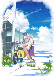2girls aircraft airplane apocalypse_hotel aqua_hair belt_pouch black_shoes blue_eyes blue_sky braid brown_eyes brown_hair brown_pants brown_shoes bus_stop cloud commentary_request crossover dress edoya_inuhachi grass hands_on_own_thighs hatsuseno_alpha highres horizon jacket juliet_sleeves long_dress long_hair long_sleeves looking_up mary_janes motor_vehicle multiple_girls ocean outdoors pants pink_vest ponytail pouch puffy_sleeves purple_dress road_sign scooter shirt shoes short_hair short_ponytail sign single_braid sitting sky sleeve_cuffs standing very_long_hair vespa vest white_jacket white_shirt yachiyo_(apocalypse_hotel) yokohama_kaidashi_kikou