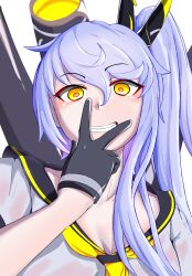 Rule 34 | 1girl, azur lane, black gloves, black sailor collar, blush, gloves, grin, hair between eyes, hand over face, hand up, highres, long hair, looking at viewer, nayutadaze, neckerchief, ponytail, purifier (azur lane), purple hair, rigging, sailor collar, school uniform, serafuku, shirt, siren (azur lane), smile, solo, upper body, very long hair, white serafuku, white shirt, yellow eyes, yellow neckerchief