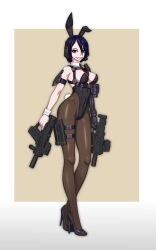 1girl absurdres animal_ears arms_at_sides black_necktie blue_hair breasts chest_harness covered_navel detached_collar dual_wielding explosive fake_animal_ears fake_tail finger_on_trigger full_body grenade grin gun harness headset high_heels highleg highleg_leotard highres holding holding_gun holding_weapon holster leotard looking_at_viewer medium_breasts necktie original pantyhose playboy_bunny prosthesis prosthetic_arm purple_eyes rabbit_ears rabbit_tail science_fiction sharp_teeth short_hair smile solo standing strapless strapless_leotard submachine_gun tactical_playboy_bunny tail tanke_laide teeth thigh_holster very_short_hair weapon wrist_cuffs