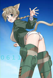 1girl animal_ears ass blue_eyes blue_sky braid breasts brown_hair cat_ears cat_girl cat_tail commentary_request flying hatakenaka_(kamagabuchi) jacket large_breasts long_hair looking_at_viewer lynette_bishop panties sky smile solo strike_witches striker_unit sweater tail underwear waving wedgie white_panties world_witches_series