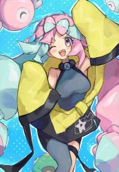 Rule 34 | absurdres, asatte 3z, bow-shaped hair, character hair ornament, grey pantyhose, hair ornament, hexagon print, highres, iono (pokemon), jacket, long hair, low-tied long hair, multicolored hair, nintendo, oversized clothes, pantyhose, pokemon, pokemon sv, sharp teeth, single leg pantyhose, sleeves past fingers, sleeves past wrists, split-color hair, teeth, two-tone hair, very long sleeves, x, yellow jacket