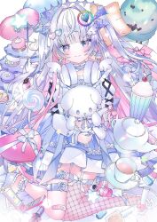 1girl aoi_yugina asymmetrical_legwear blue_dress blue_eyes blunt_bangs cellphone cup dress earrings fishnet_thighhighs fishnets flip_phone food gift hair_ornament headphones headphones_around_neck highres holding holding_stuffed_toy jewelry long_hair long_sleeves looking_at_viewer macaron milkshake multicolored_dress original phone single_thighhigh sitting solo stuffed_animal stuffed_toy teapot thighhighs twintails two-tone_dress wariza white_dress white_hair