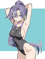 Rule 34 | 1girl, armpits, arms up, blush, breasts, competition swimsuit, goshiki agiri, highleg, highleg one-piece swimsuit, highres, kill me baby, large breasts, long hair, looking at viewer, matuo3232, one-piece swimsuit, ponytail, purple eyes, purple hair, sideboob, smile, solo, swimsuit, very long hair