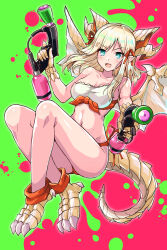 Rule 34 | 1girl, animal ears, aqua eyes, blonde hair, blush, breasts, claws, crossover, dragon girl, full body, highres, holding, holding weapon, horns, large breasts, long hair, myr (p&amp;d), nintendo, paint, paint splatter, puzzle &amp; dragons, samoore, splatoon (series), splatoon 2, tail, weapon, wings