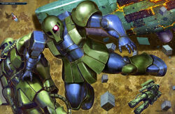 Rule 34 | absurdres, battle, box, burning, cable, carrying, container, core fighter, damaged, debris, fleeing, glowing, glowing eye, gundam, gundam perfect file, highres, in orbit, looking at viewer, machinery, mecha, mecha focus, mobile suit, mobile suit gundam, moon, official art, one-eyed, painting (medium), realistic, robot, scan, science fiction, shield, shoulder spikes, spacecraft, spikes, starfighter, tenjin hidetaka, thrusters, traditional media, when you see it, zaku i, zaku ii, zeon, zero gravity