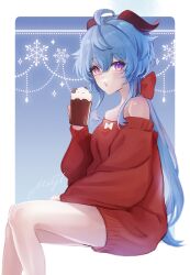 1girl ahoge blue_hair bow christmas commentary_request cup foam_mustache food food_on_face ganyu_(genshin_impact) genshin_impact hair_bow highres holding holding_cup horns invisible_chair kmes_niku long_hair long_sleeves looking_at_viewer low_ponytail off-shoulder_sweater off_shoulder open_mouth ponytail purple_eyes sitting solo sweater very_long_hair
