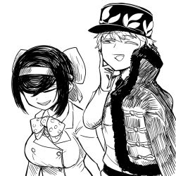 2girls asparagus_(girls_und_panzer) bc_freedom_military_uniform black_fur black_hair black_necktie blonde_hair bow bowtie breasts buttons closed_eyes double-breasted flat_chest girls_und_panzer girls_und_panzer_ribbon_no_musha hand_on_own_face hat jacket kepi large_bow laughing looking_at_another m.purin military military_hat military_jacket military_uniform monochrome multiple_girls necktie one_eye_closed open_mouth peacoat pelisse pointing pointing_up polka_dot polka_dot_bow school_uniform short_hair simple_background small_breasts smile tatenashi_high_school_uniform tsuruki_shizuka