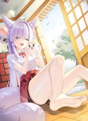 Rule 34 | 1girl, ahoge, barefoot, black shorts, blue eyes, blunt bangs, blush, breasts, ceiling, ceiling light, collared shirt, commentary, cone hair bun, double bun, dutch angle, english commentary, fall (aki), falling leaves, feet, hair between eyes, hair bun, hair intakes, high-waist skirt, highres, holding, inari (tenko shibuki), indoors, knee up, leaf, light particles, long hair, looking ahead, open door, open mouth, pleated skirt, purple hair, red skirt, shirt, shirt tucked in, short sleeves, shorts, shorts under skirt, shouji, skirt, sliding doors, small breasts, smile, soles, solo, stellive, tail, tatami, tenko shibuki, thighs, toes, very long hair, virtual youtuber, white shirt