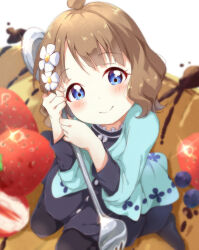 1girl ahoge black_dress black_pantyhose black_shoes blue_eyes blush brown_hair buttons cardigan closed_mouth commentary_request dress flower food fruit full_body green_cardigan hair_flower hair_ornament head_tilt holding_utensil idolmaster idolmaster_million_live! long_sleeves looking_at_viewer on_food open_cardigan open_clothes pantyhose shoes short_hair sitting smile solo strawberry suou_momoko toma_(shinozaki) wariza white_flower