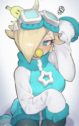 Rule 34 | 1girl, aqua jacket, baby rosalina, baby rosalina (touring), banana, banana peel, blonde hair, blue-tinted eyewear, blue eyes, blush, food, fruit, goggles, goggles on head, hair over one eye, hat, highres, jacket, jewelry, long sleeves, looking at viewer, mario (series), mario kart, mario kart world, nintendo, pacifier, racing suit, rindoriko, rosalina, rosalina (touring), short hair, simple background, sleeves past wrists, tinted eyewear, white-framed eyewear