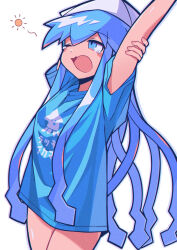 1girl absurdres alternate_costume arm_up blue_eyes blue_hair blue_shirt commentary cowboy_shot hair_between_eyes hat highres ikamusume long_hair long_sidelocks no_pants print_shirt shinryaku!_ikamusume shirt sidelocks signal_(eriasignal) solo squeans t-shirt tentacle_hair thick_outlines very_long_sidelocks white_hat yawning
