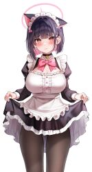 1girl 3: absurdres alternate_costume animal_ears apron black_hair black_pantyhose blue_archive blush bow bowtie breasts cat_ears cat_girl cleavage clothes_lift colored_inner_hair commentary_request cowboy_shot dress frilled_apron frilled_dress frills halo highres kazusa_(blue_archive) kuca_(ku_ca18) large_breasts lifting_own_clothes maid_apron maid_headdress multicolored_hair pantyhose pink_bow pink_bowtie pink_hair pink_halo short_hair simple_background skirt skirt_lift solo sweatdrop white_apron white_background white_headdress