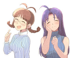 2girls ahoge akizuki_ritsuko antenna_hair blue_hair blue_sweater blush braid brown_hair closed_eyes closed_mouth facing_viewer glasses hand_on_own_face hand_up highres idolmaster idolmaster_(classic) idolmaster_1 long_hair long_sleeves miura_azusa multiple_girls open_mouth ribbed_sweater semi-rimless_eyewear shirt simple_background sleeveless sleeveless_sweater smile striped_clothes striped_shirt sweater tsubobot turtleneck turtleneck_sweater twin_braids under-rim_eyewear upper_body vertical-striped_clothes vertical-striped_shirt white_background
