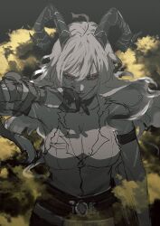 1girl arm_strap bare_shoulders breasts commentary cowboy_shot curled_horns gloves hair_between_eyes highres horns large_breasts looking_at_viewer mole mole_on_breast necktie_around_wrists red_eyes shirt shirt_tucked_in solo tayuta_(tayuta_fa) torn_clothes torn_shirt unfinished v-shaped_eyebrows wiping_mouth wuthering_waves zani_(wuthering_waves)