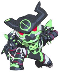 1boy armor black_armor broken_horn cheri_zao cherrymo_(cheri_zao) chibi highres horns male_focus original red_eyes simple_background solo tokusatsu white_background