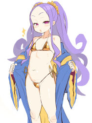 Rule 34 | 1girl, bare shoulders, bikini, blush, breasts, chinese clothes, fate/grand order, fate (series), forehead, gold bikini, hanfu, highres, long hair, long sleeves, looking at viewer, navel, off shoulder, open mouth, parted bangs, purple eyes, purple hair, scrunchie, solo, swimsuit, user fkzw8222, very long hair, wu zetian (fate), wu zetian (first ascension) (fate), yellow scrunchie