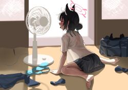 1girl absurdres animal_ears bag black_hair black_skirt black_socks blue_archive blue_necktie blush cat_ears closed_eyes commentary_request double_bun electric_fan hair_bun halo highres korean_commentary necktie okokorika open_mouth pleated_skirt school_bag school_uniform serika_(blue_archive) short_hair sitting skirt socks solo sweat tongue tongue_out unworn_necktie unworn_socks wariza
