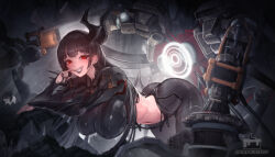 1girl armor artist_logo ass behemoth_(nikke) black_bodysuit black_hair black_horns black_lips black_liquid black_nails bodysuit boobplate breastplate breasts creature doro_(nikke) ear_piercing fingernails goddess_of_victory:_nikke grin highres horns large_breasts leaning_forward liquid_clothes logo long_hair looking_at_viewer luongnights navel piercing red_eyes rigging sharp_fingernails sharp_teeth shoulder_armor sidelocks single_horn smile solo_focus stomach teeth