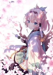 1girl absurdres bell black_gloves blue_eyes blush branch cherry_blossoms closed_mouth cloud_print coat dango falling_petals fingerless_gloves food gloves green_skirt hair_between_eyes hair_ornament hair_ribbon haori highres holding holding_food hololive japanese_clothes jingle_bell katana kazama_iroha kazama_iroha_(1st_costume) long_hair long_sleeves looking_at_viewer petals pleated_skirt ponytail print_coat print_skirt ribbon sitting skewer skirt smile solo sword thighhighs ugume virtual_youtuber wagashi weapon white_coat white_thighhighs
