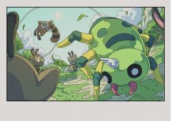 animal_focus cloud creatures_(company) day full_body game_freak gen_2_pokemon happy highres nintendo no_humans on_ground onamuzi_illust outdoors playing pokemon pokemon_(creature) pokemon_focus sentret shadow spider_thread spinarak sun tree